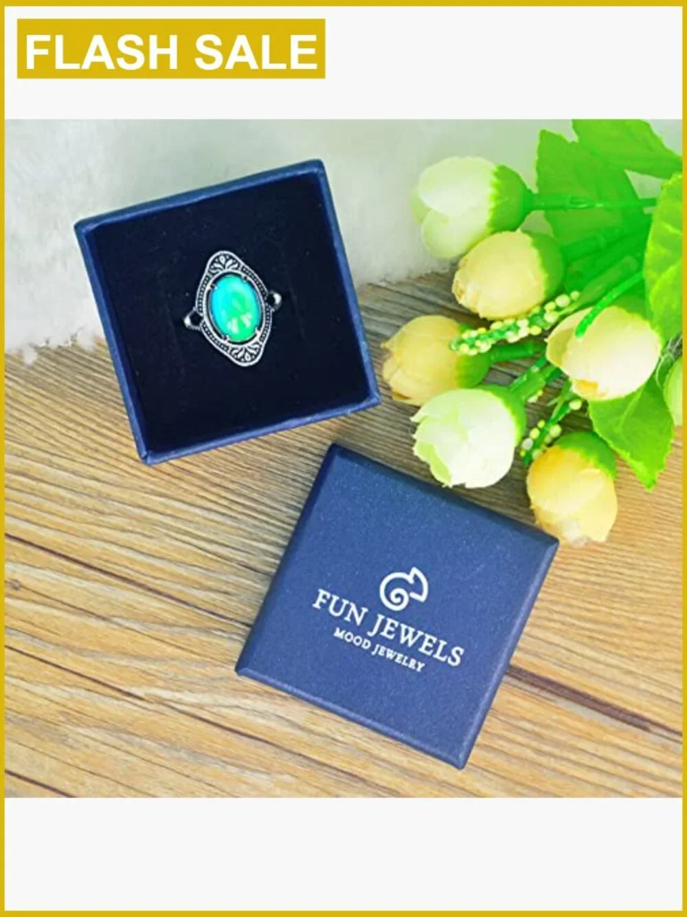 Vintage Adjustable Mood Ring Brass Oval Stone Gift Box